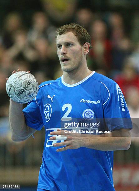 Geoffrey Krantz of Gummersbach pases the ball during the Toyota Handball Bundesliga match between HSG Duesseldorf and VfL Gummersbach at the Burg-...