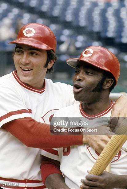 S: Catcher Johnny Bench and Joe Morgan of the Cincinnati Reds having fun during batting practice before a MLB baseball game circa 1970's at...