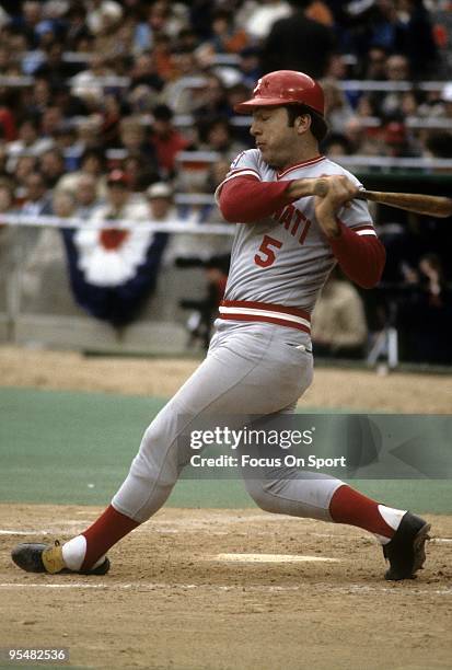 Catcher Johnny Bench of the Cincinnati Reds swings at a pitch during a MLB baseball game circa 1970's. Bench Played for the Reds from 1967-83.