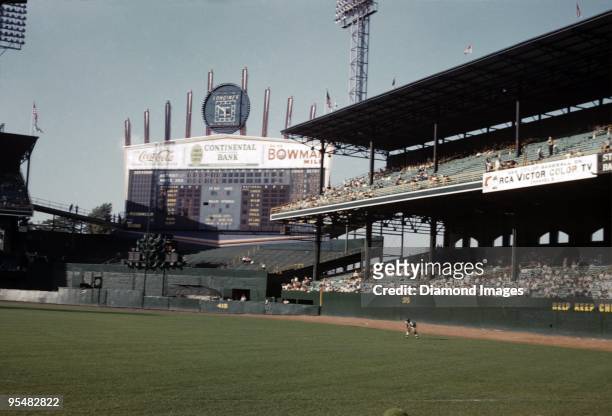 General view of the outfield bleachers and scoreboard during the top of the seventh inning of a game on August 10, 1961 between the Detroit Tigers...