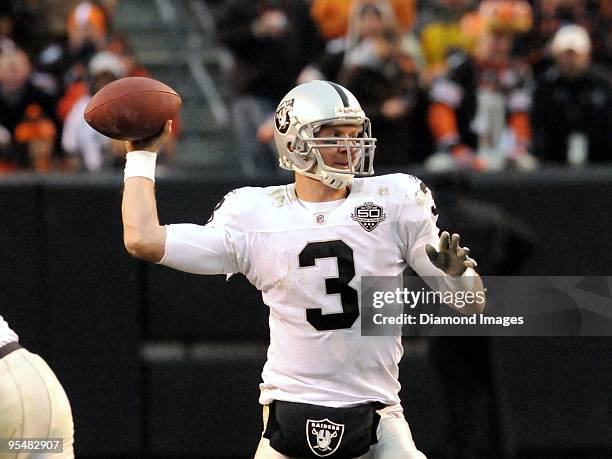 Quarterback Charlie Frye of the Oakland Raiders throws a pass during a game on December 27, 2009 against the Cleveland Browns at Cleveland Browns...