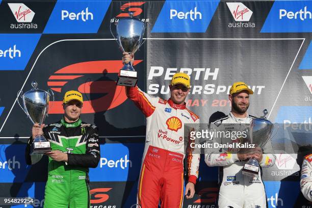 2nd place Mark Winterbottom driver of the The Bottle-O Racing Team Ford Falcon FGX, 1st place Scott McLaughlin driver of the Shell V-Power Racing...