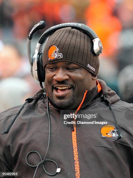 Assistant coach Gary Brown of the Cleveland Browns smiles prior to a game on December 27, 2009 against the Oakland Raiders at Cleveland Browns...