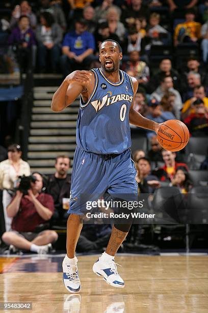 Gilbert Arenas of the Washington Wizards moves the ball up court during the game against the Golden State Warriors on December 18, 2009 at Oracle...