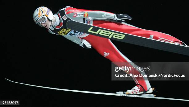 Mitja Meznar of Slovenia competes during the FIS Ski Jumping World Cup event at the 58th Four Hills Ski Jumping Tournament on December 29, 2009 in...