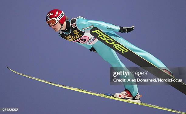 Ville Larinto of Finland competes during the FIS Ski Jumping World Cup event at the 58th Four Hills Ski Jumping Tournament on December 29, 2009 in...