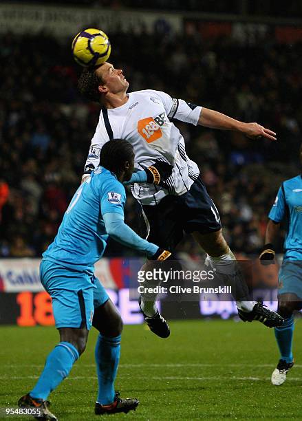 Kevin Davies of Bolton Wanderers heads the ball to score the second goal during the Barclays Premier League match between Bolton Wanderers and Hull...