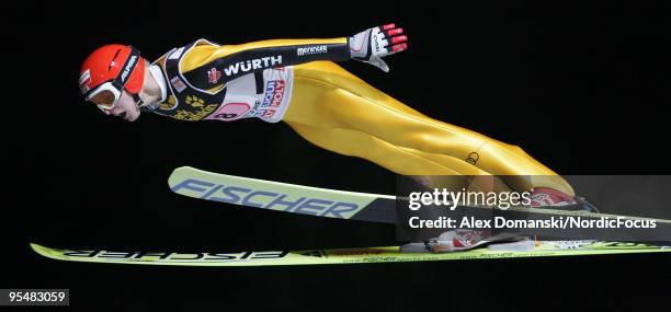 Pascal Bodmer of Germany competes during the FIS Ski Jumping World Cup event at the 58th Four Hills Ski Jumping Tournament on December 29, 2009 in...