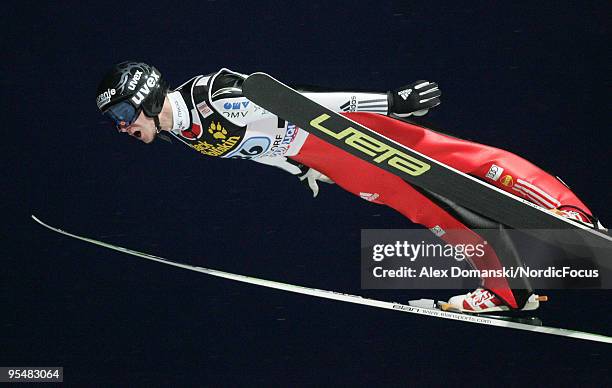 Robert Kranjec of Slovenia competes during the FIS Ski Jumping World Cup event at the 58th Four Hills Ski Jumping Tournament on December 29, 2009 in...