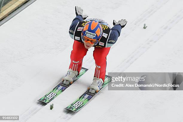 Peter Prevc of Slovenia competes during the FIS Ski Jumping World Cup event at the 58th Four Hills Ski Jumping Tournament on December 29, 2009 in...
