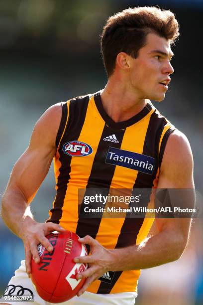 Jaeger O'Meara of the Hawks in action during the 2018 AFL round seven match between the Essendon Bombers and the Hawthorn Hawks at the Melbourne...