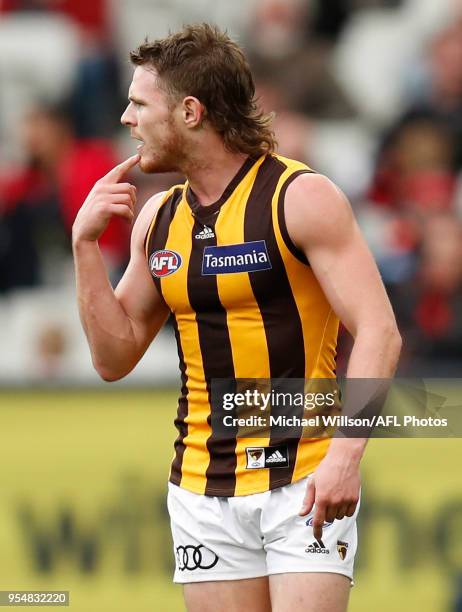 Blake Hardwick of the Hawks gestures during the 2018 AFL round seven match between the Essendon Bombers and the Hawthorn Hawks at the Melbourne...