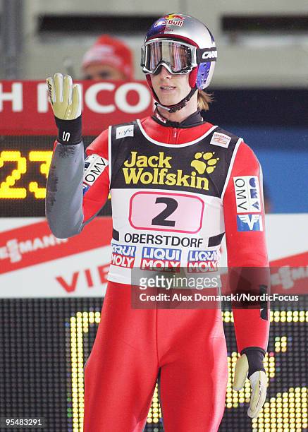 Gregor Schlierenzauer of Austria reacts during the FIS Ski Jumping World Cup event at the 58th Four Hills Ski Jumping Tournament on December 29, 2009...