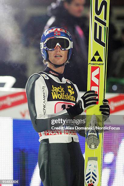 Roar Ljoekelsoey of Norway competes during the FIS Ski Jumping World Cup event at the 58th Four Hills Ski Jumping Tournament on December 29, 2009 in...