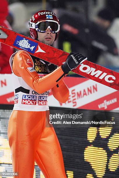 Matti Hautamaeki of Finland competes during the FIS Ski Jumping World Cup event at the 58th Four Hills Ski Jumping Tournament on December 29, 2009 in...