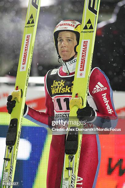 Andreas Kuettel of Switzerland competes during the FIS Ski Jumping World Cup event at the 58th Four Hills Ski Jumping Tournament on December 29, 2009...