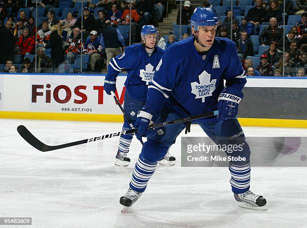 Mike Komisarek of the Toronto Maple Leafs skates against the New York Islanders on December 23, 2009 at Nassau Coliseum in Uniondale, New York....