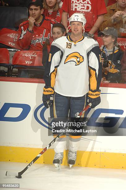 Tim Connolly of the Buffalo Sabres looks on during warms up of a NHL hockey game against the Washington Capitals on December23, 2009 at the Verizon...