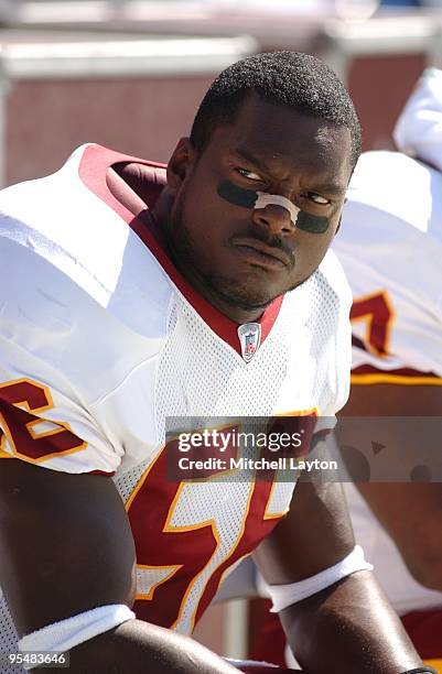 Lavar Arrington of the Washington Redkins looks on during a NFL football game against the Tennesee Titans on October 6, 2002 at FedEx Field in...