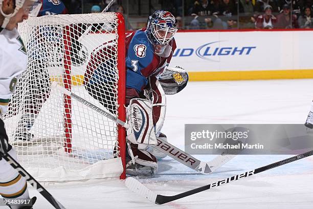 Goaltender Peter Budaj of the Colorado Avalanche stands ready against the Dallas Stars at the Pepsi Center on December 26, 2009 in Denver, Colorado....
