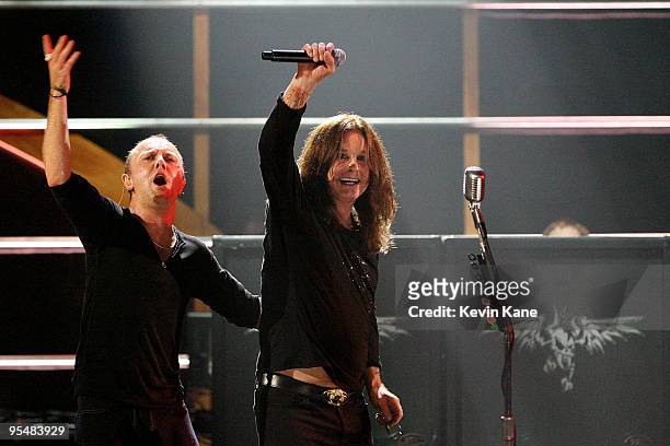 Lars Ulrich of Metallica and Ozzy Osbourne perform onstage at the 25th Anniversary Rock & Roll Hall of Fame Concert at Madison Square Garden on...