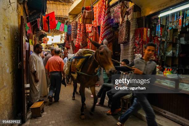 das kind und sein pferd in einem örtlichen straßenmarkt in der mittelalterlichen medina von fes zu fuß. - fezes stock-fotos und bilder