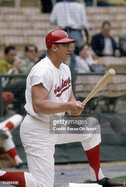 S: First Baseman Frank Howard of the Washington Senators kneels in the on deck circle waiting his turn to hit during a Major League Baseball game...