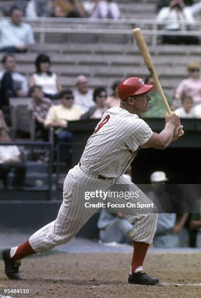 S: First Baseman Frank Howard of the Washington Senators swings and watches the flight of his ball against the Oakland Athletics during a Major...