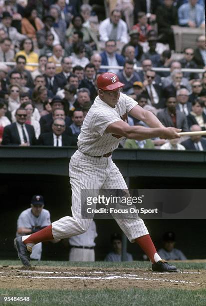 S: First Baseman Frank Howard of the Washington Senators swings and watches the flight of his ball against the Minnesota Twins during a Major League...