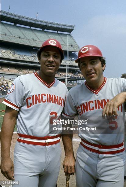 First Baseman Tony Perez and catcher Johnny Bench of the Cincinnati Reds pose together for this photo during batting practice before a Major League...