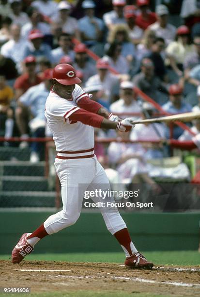 S: First Baseman Tony Perez of the Cincinnati Reds swings at a pitch and watches the flight of his ball during a spring training Major League...