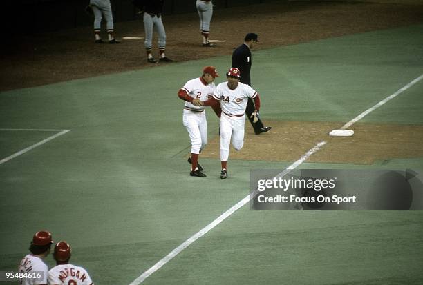 First Baseman Tony Perez of the Cincinnati Reds rounds third base after hitting a three run homerun in the 6th inning against the Boston Red Sox...