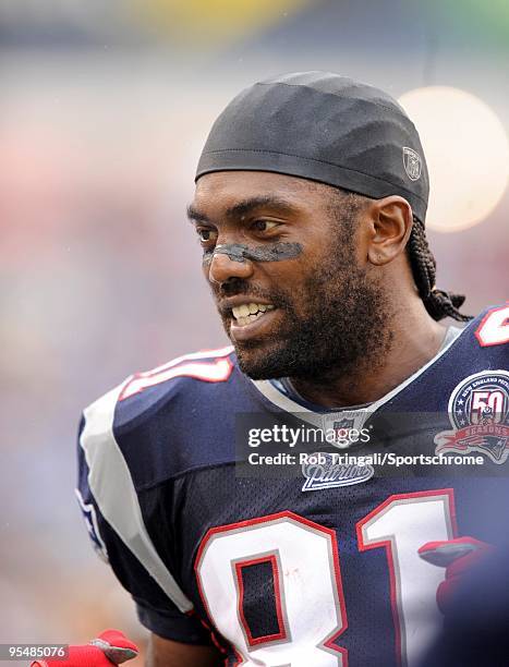 Randy Moss of the New England Patriots looks on against the Atlanta Falcons on September 27, 2009 at Gillette Stadium in Foxboro, Massachusetts.