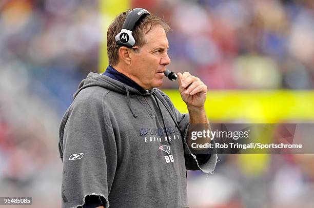 Bill Belichick head coach of the New England Patriots looks on during the game against the Atlanta Falcons on September 27, 2009 at Gillette Stadium...