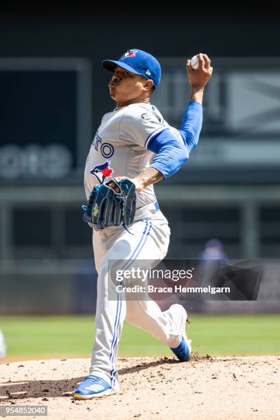 Marcus Stroman of the Toronto Blue Jays pitches against the Minnesota Twins on May 2, 2018 at Target Field in Minneapolis, Minnesota. The Twins...