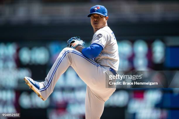 Marcus Stroman of the Toronto Blue Jays pitches against the Minnesota Twins on May 2, 2018 at Target Field in Minneapolis, Minnesota. The Twins...