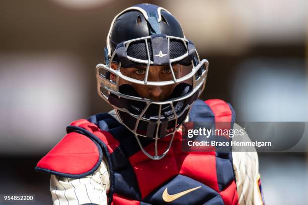 Jason Castro of the Minnesota Twins looks on against the Toronto Blue Jays on May 2, 2018 at Target Field in Minneapolis, Minnesota. The Twins...