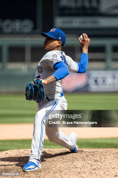 Marcus Stroman of the Toronto Blue Jays pitches against the Minnesota Twins on May 2, 2018 at Target Field in Minneapolis, Minnesota. The Twins...