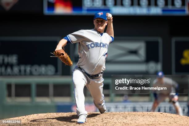 Aaron Loup of the Toronto Blue Jays pitches against the Minnesota Twins on May 2, 2018 at Target Field in Minneapolis, Minnesota. The Twins defeated...