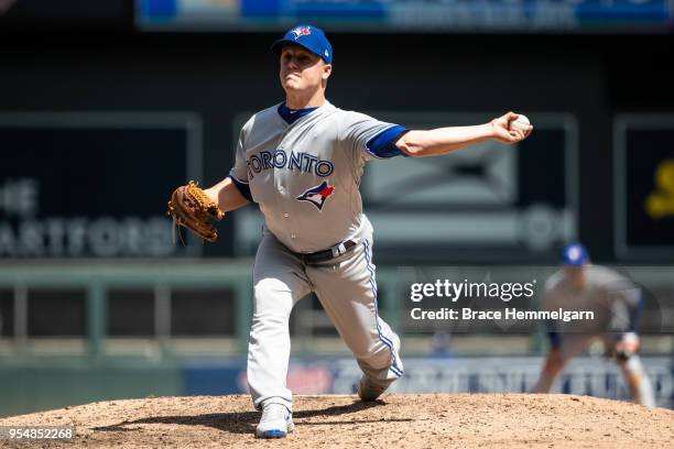 Aaron Loup of the Toronto Blue Jays pitches against the Minnesota Twins on May 2, 2018 at Target Field in Minneapolis, Minnesota. The Twins defeated...