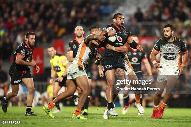 Adam Blair of the Warriors charges forward during the round nine NRL match between the New Zealand Warriors and the Wests Tigers at Mt Smart Stadium...