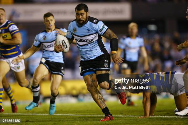 Andrew Fifita of the Sharks is tackled during the round nine NRL match between the Cronulla Sharks and the Parramatta Eels at Southern Cross Group...