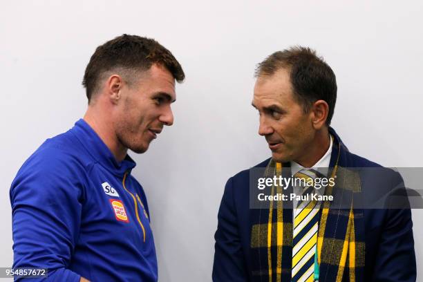 Luke Shuey of the Eagles talks with Justin Langer after the round seven AFL match between the West Coast Eagles and the Port Adelaide Power at Optus...