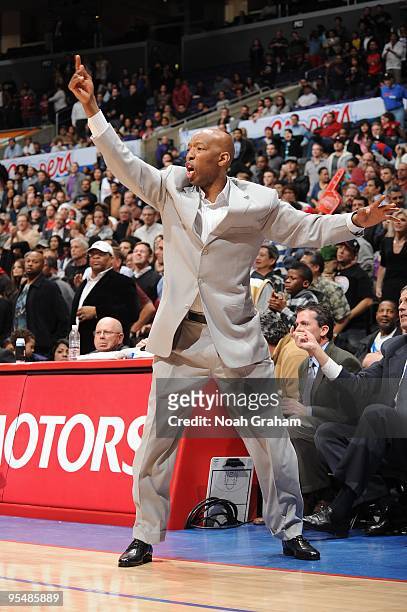 Assistant coach Sam Cassell of the Washington Wizards shouts from the sideline during the game against the Los Angeles Clippers at Staples Center on...