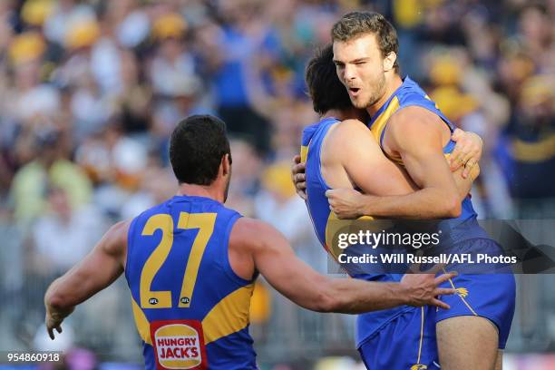 Jack Petruccelle of the Eagles celebrates after scoring his first AFL goal during the round seven AFL match between the West Coast Eagles and the...