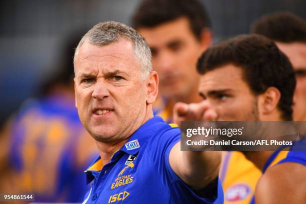 Adam Simpson, coach of the Eagles addresses the team at three quarter time during the 2018 AFL round seven match between the West Coast Eagles and...