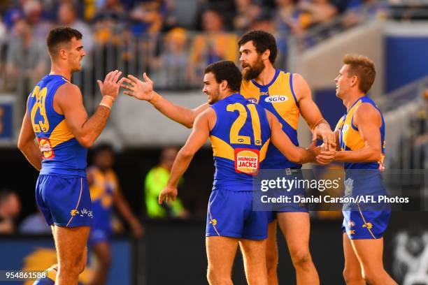 Josh Kennedy of the Eagles celebrates a goal during the 2018 AFL round seven match between the West Coast Eagles and the Port Adelaide Power at Optus...