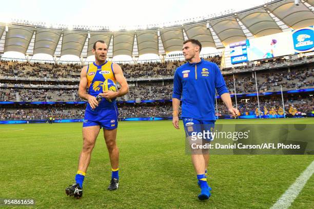 Shannon Hurn and Luke Shuey of the Eagles talk after the win during the 2018 AFL round seven match between the West Coast Eagles and the Port...
