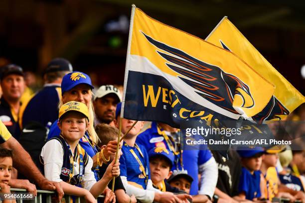 The fans celebrate the win during the 2018 AFL round seven match between the West Coast Eagles and the Port Adelaide Power at Optus Stadium on May 5,...