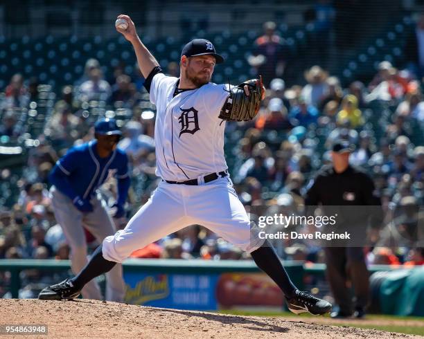 Alex Wilson of the Detroit Tigers pitches against the Kansas City Royals during a MLB game at Comerica Park on April 22, 2018 in Detroit, Michigan....